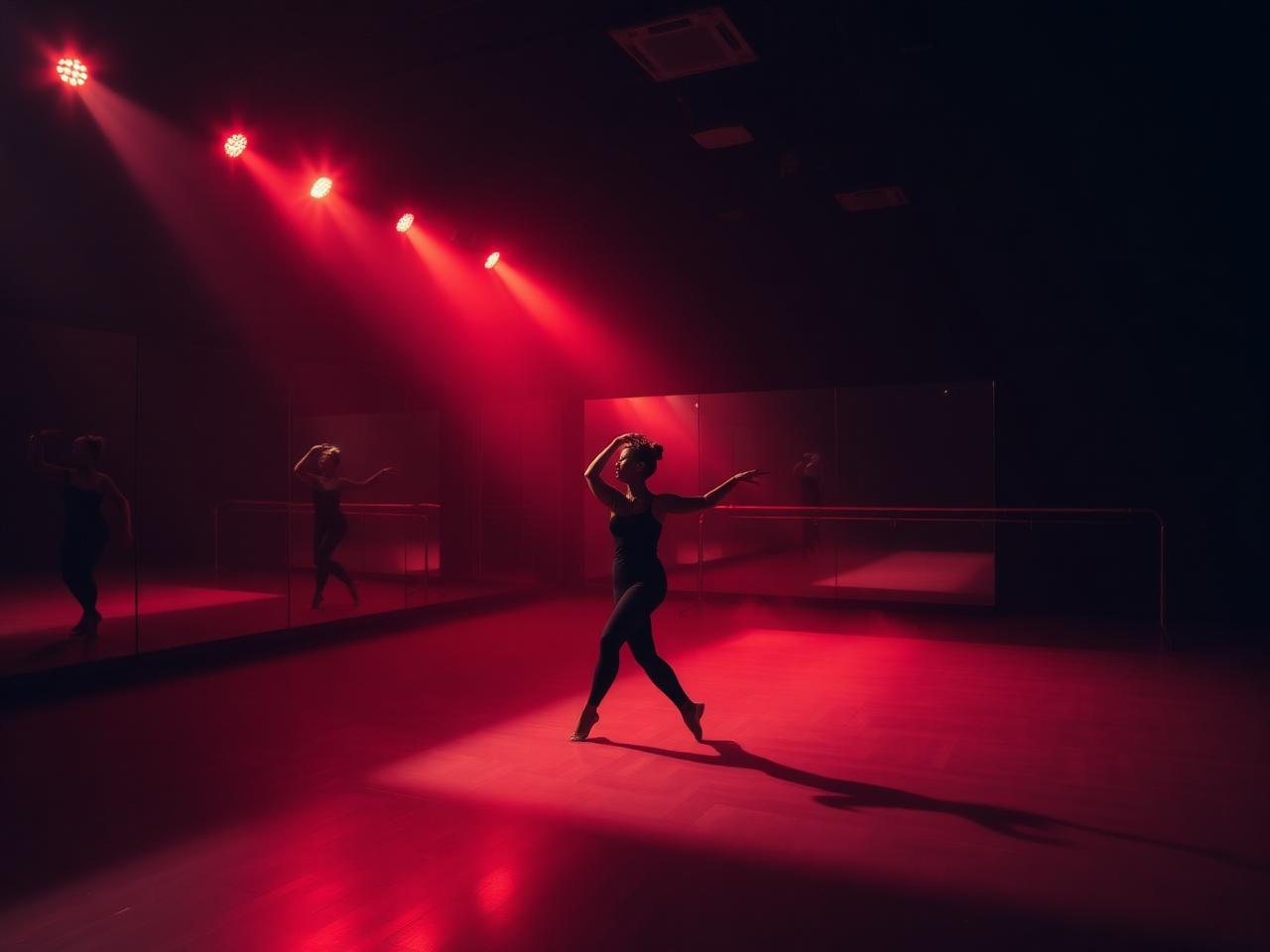 Young dancers training in a studio under stage lights